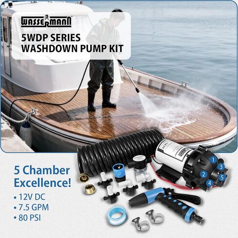 مجموعة مضخة غسيل WASSERMANN 12 فولت تيار مستمر، 7.5GPM 80PSI، مضخة غشاء ذاتية التحضير بخمس غرف مع مفتاح ضغط، خرطوم ملفوف، فوهة رش للقوارب البحرية واليخوت وحديقة المياه العذبة RV in Kuwait