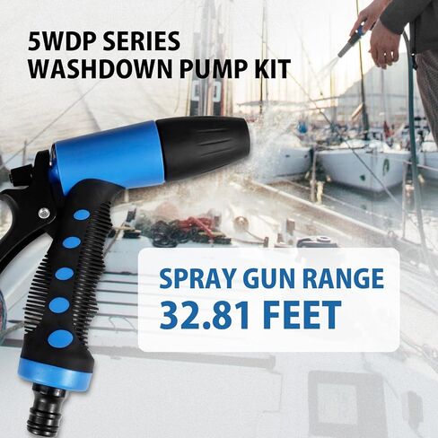 مجموعة مضخة غسيل WASSERMANN 12 فولت تيار مستمر، 7.5GPM 80PSI، مضخة غشاء ذاتية التحضير بخمس غرف مع مفتاح ضغط، خرطوم ملفوف، فوهة رش للقوارب البحرية واليخوت وحديقة المياه العذبة RV in Kuwait