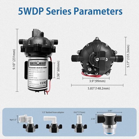 مجموعة مضخة غسيل WASSERMANN 12 فولت تيار مستمر، 7.5GPM 80PSI، مضخة غشاء ذاتية التحضير بخمس غرف مع مفتاح ضغط، خرطوم ملفوف، فوهة رش للقوارب البحرية واليخوت وحديقة المياه العذبة RV in Kuwait