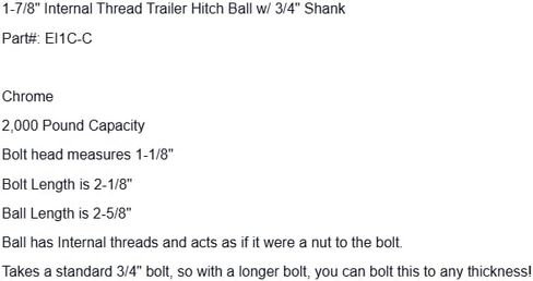 Replacement for 1-7/8" Trailer Hitch Ball W 3/4" Internal Thread + Bolt Chrome Boat OEM in Saudi Arabia