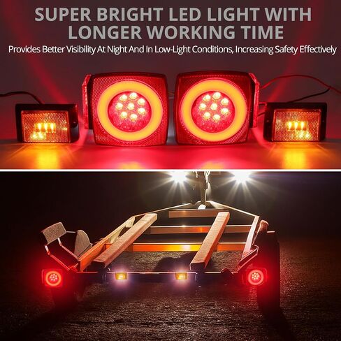 Justech Submersible LED Trailer Light Kit Square Boat Trailer Lights+2 Side Markers with 26FT Wiring Harness Reflective Stickers Combined Stop Turn Tail License Lights for Boat Trailer 12V in Saudi Arabia