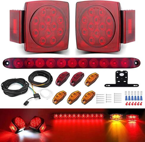 LIMICAR LED Boat Trailer Lights Kit, Submersible Square Stop Turn Tail Lights, 6 Marker Lights, 15" 11-LED 3rd Brake ID Bar, 25FT Heavy-Duty Protective Wiring Harness for Utility RV Camper Under 80" in Saudi Arabia