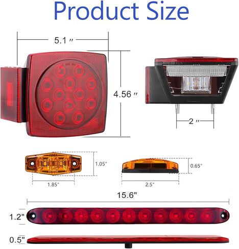 LIMICAR LED Boat Trailer Lights Kit, Submersible Square Stop Turn Tail Lights, 6 Marker Lights, 15" 11-LED 3rd Brake ID Bar, 25FT Heavy-Duty Protective Wiring Harness for Utility RV Camper Under 80" in Saudi Arabia