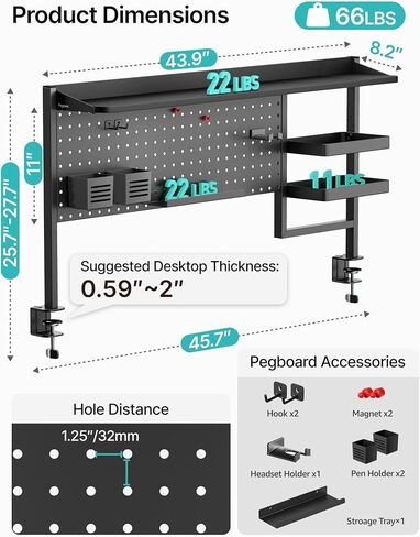 مشبك على رف المكتب ، نظام رفوف سطح المكتب 44 بوصة مع Pegboard والملحقات ، منظم سطح المكتب مع رف ثنائي ، لوح المكتب للألعاب المنزلية المكتبية ، الأسود in Kuwait