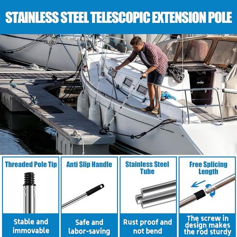 خطاف قارب مع عمود تمديد قابل للتعديل بطول 3-12 قدم، عمود دفع للقارب، ملحقات قارب من الفولاذ المقاوم للصدأ مع مطاط واقي، طقم قضيب ربط أعمدة نهاية ملولبة لرسو السفن والدفع والسحب والقوارب in Kuwait