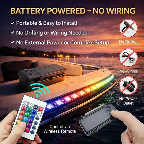 أضواء القارب التي تعمل بالبطارية، 2 قطعة 8FT IP68 غاطسة RGB البحرية LED أضواء الشريط مع جهاز التحكم عن بعد، إضاءة سطح السفينة الداخلية لقارب الكاياك سوب العائم، قارب جون، قارب باس، سلامة الصيد in Kuwait