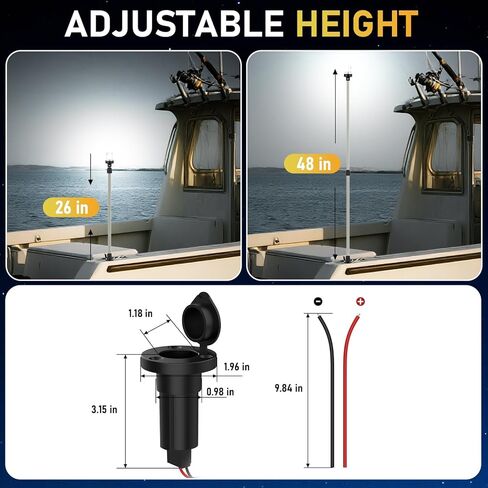 Stern Light Boat Anchor Light, 26"–48" Telescoping Pole Boat Lights with Base, Marine Navigation Lights for Boats LED, for Pontoon, Fishing, Bass & Jon Boats, 12–24V (Silver) in Saudi Arabia