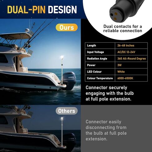 Stern Light Boat Anchor Light, 26"–48" Telescoping Pole Boat Lights with Base, Marine Navigation Lights for Boats LED, for Pontoon, Fishing, Bass & Jon Boats, 12–24V (Silver) in Saudi Arabia