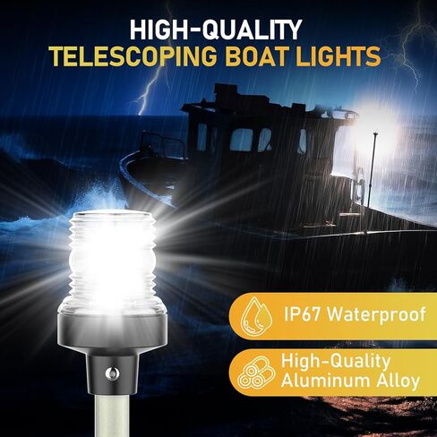 Stern Light Boat Anchor Light, 26"–48" Telescoping Pole Boat Lights with Base, Marine Navigation Lights for Boats LED, for Pontoon, Fishing, Bass & Jon Boats, 12–24V (Silver) in Saudi Arabia