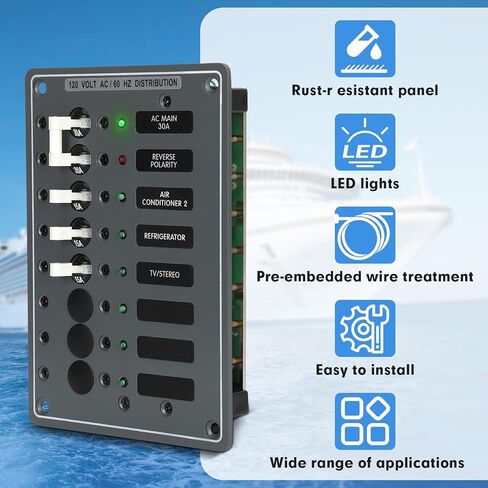 AC Main Circuit Breaker Panel 6-Position Metal Panel withand Red LED Reverse Polarity Indicator and Pre-Wiring,for Marine RV Yacht in Kuwait