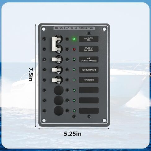 AC Main Circuit Breaker Panel 6-Position Metal Panel withand Red LED Reverse Polarity Indicator and Pre-Wiring,for Marine RV Yacht in Kuwait
