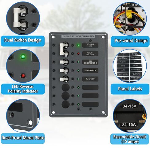 AC Main Circuit Breaker Panel 6-Position Metal Panel withand Red LED Reverse Polarity Indicator and Pre-Wiring,for Marine RV Yacht in Kuwait