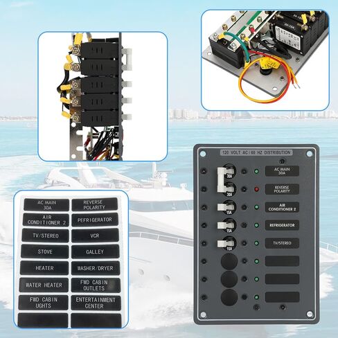 AC Main Circuit Breaker Panel 6-Position Metal Panel withand Red LED Reverse Polarity Indicator and Pre-Wiring,for Marine RV Yacht in Kuwait