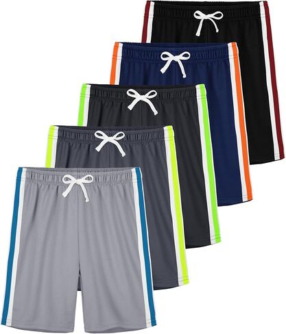 5 قطع من السراويل الرياضية للأولاد، سراويل قصيرة شبكية لكرة السلة وكرة القدم سريعة الجفاف للأطفال مع رباط in Kuwait