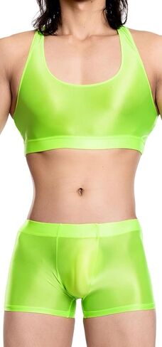 FEOYA Men's Oil Shiny Crop Tank Top and Boxer Shorts Set 2 Piece Metallic Club Rave Outfits in Saudi Arabia