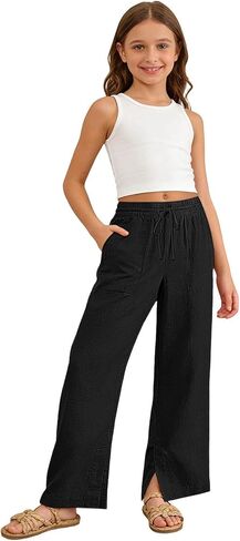 Girls Linen Pants Wide Leg School Uniform Pants Cozy Elastic Waist Summer Casual Beach Lounge Trousers with Pockets in Saudi Arabia