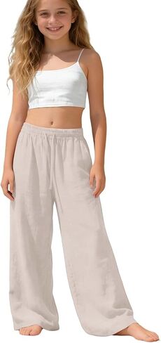 Girls Linen Pants Summer Lightweight School Uniform Pants Kids Elastic Waist Straight Wide Leg Trousers with Pockets in Saudi Arabia