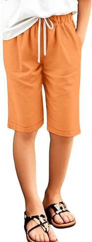 Girls Linen Shorts Casual Summer Bermuda Shorts Elastic High Waisted Knee Length Athletic Short Running Hiking Golf Short in Saudi Arabia