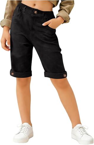 الأولاد السراويل حجم 10-12 الصيف العصرية شورت برمودا الناعمة للفتيات طول الركبة مستقيم الكتان قصيرة مع جيوب in Kuwait