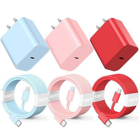 3pack 10ft cable ightning ، 20W شحن سريع فون ، سلك شاحن الهاتف كابل كابل للهاتف 14/13/12/12 PRO MAX/11/XS MAX/XR/X ، AirPods Pro-pink/Green/Black in Kuwait