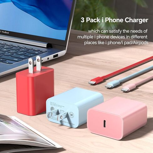 3pack 10ft cable ightning ، 20W شحن سريع فون ، سلك شاحن الهاتف كابل كابل للهاتف 14/13/12/12 PRO MAX/11/XS MAX/XR/X ، AirPods Pro-pink/Green/Black in Kuwait