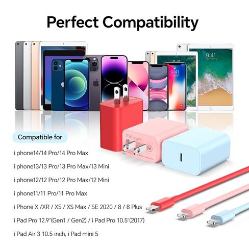 3pack 10ft cable ightning ، 20W شحن سريع فون ، سلك شاحن الهاتف كابل كابل للهاتف 14/13/12/12 PRO MAX/11/XS MAX/XR/X ، AirPods Pro-pink/Green/Black in Kuwait