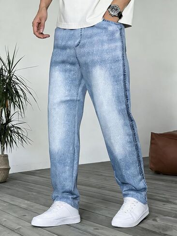 1 Piece of Boys' Light Blue Washed Loose Straight-Leg Jeans, Casual, Trendy and Versatile Trousers in Saudi Arabia