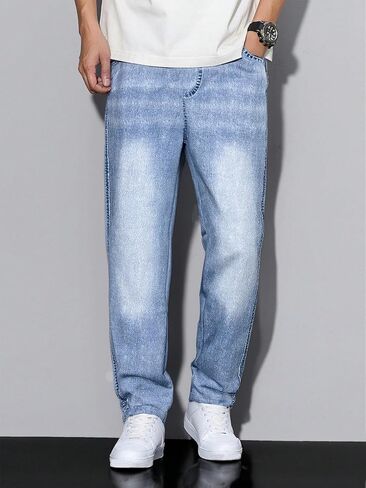 1 Piece of Boys' Light Blue Washed Loose Straight-Leg Jeans, Casual, Trendy and Versatile Trousers in Saudi Arabia