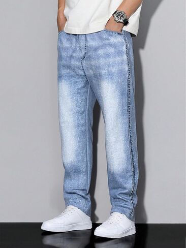 1 Piece of Boys' Light Blue Washed Loose Straight-Leg Jeans, Casual, Trendy and Versatile Trousers in Saudi Arabia