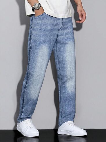 1 Piece of Boys' Light Blue Washed Loose Straight-Leg Jeans, Casual, Trendy and Versatile Trousers in Saudi Arabia