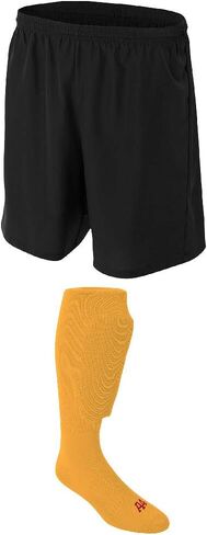 شورت كرة قدم صغير للشباب باللون الأسود، وجوارب ذهبية in Kuwait