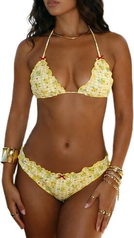 Sunloudy Women's Triangle Bikini Swimsuits Sexy Lace Trim Halter Cheeky Triangle Thong 2 Piece String Bikini Sets in Kuwait