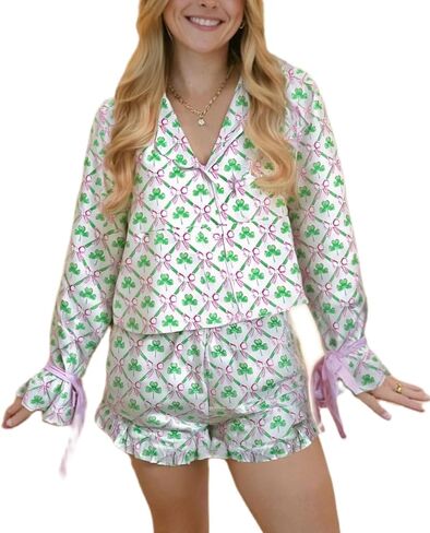 Women Holiday Party Pajamas Cute Satin Silk PJs 2 Piece Outfits Long Sleeve Button Down Shirt Lounge Shorts Sets in Kuwait