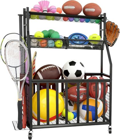 منظم جراج المعدات الرياضية، رف رياضي داخلي/خارجي للجراج، منظم تخزين الكرات مع سلة وخطافات وعجلات، تخزين الألعاب/المعدات الرياضية in Kuwait