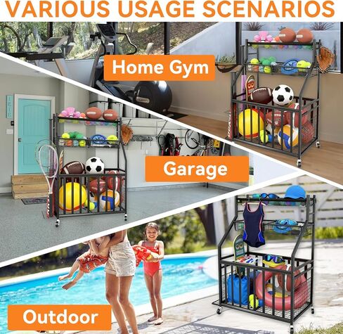 منظم جراج المعدات الرياضية، رف رياضي داخلي/خارجي للجراج، منظم تخزين الكرات مع سلة وخطافات وعجلات، تخزين الألعاب/المعدات الرياضية in Kuwait