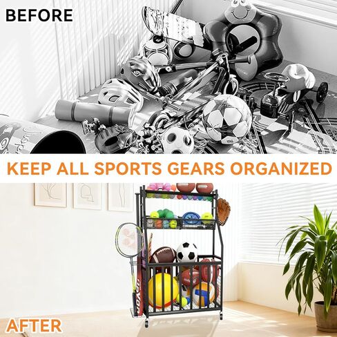 منظم جراج المعدات الرياضية، رف رياضي داخلي/خارجي للجراج، منظم تخزين الكرات مع سلة وخطافات وعجلات، تخزين الألعاب/المعدات الرياضية in Kuwait