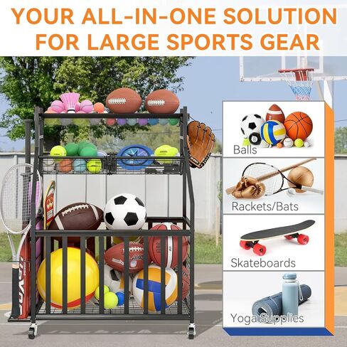 منظم جراج المعدات الرياضية، رف رياضي داخلي/خارجي للجراج، منظم تخزين الكرات مع سلة وخطافات وعجلات، تخزين الألعاب/المعدات الرياضية in Kuwait