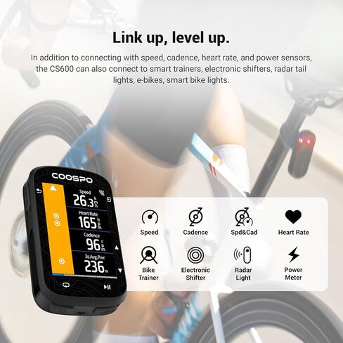 COOSPO Color Touchscreen GPS Bike Computer CS600, Wireless IPX7 Waterproof Cycling GPS Speedometer with Bluetooth/ANT+, Backlight Route Navigation, Support Bike Radar & 36H Battery Life in Kuwait