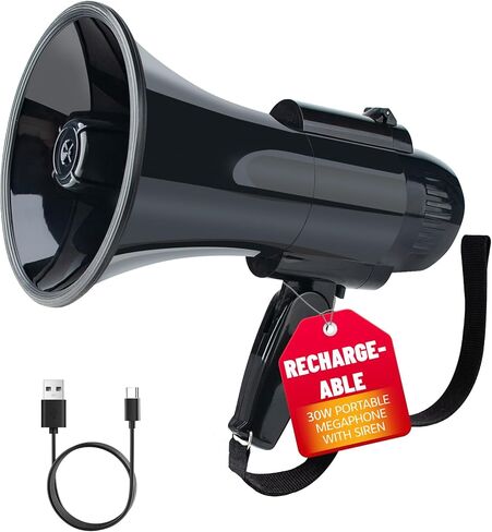 مكبر صوت مكبر صوت بولهورن أسود قابل لإعادة الشحن بقدرة 30 وات، صفارة إنذار وتسجيل 240 ثانية، مكبر صوت محمول مع حزام وشحن من النوع C (أسود) in Kuwait