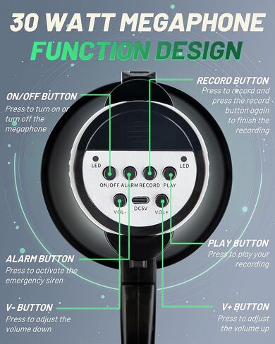مكبر صوت مكبر صوت بولهورن أسود قابل لإعادة الشحن بقدرة 30 وات، صفارة إنذار وتسجيل 240 ثانية، مكبر صوت محمول مع حزام وشحن من النوع C (أسود) in Kuwait