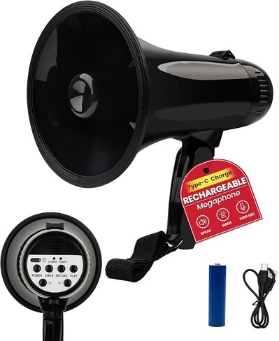 MyMealivos 20W Rechargeable Megaphone Speaker Built in 240s Recording & Siren, Up to 300ft Voice Range/650ft Siren Coverage-5.4"×8.6" Portable Bullhorn with Wrist Strap and Type-C Charging(Black) in Kuwait