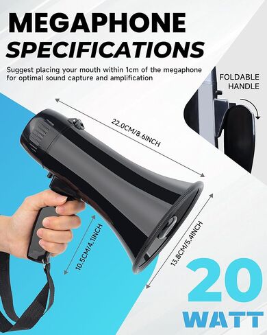 MyMealivos 20W Rechargeable Megaphone Speaker Built in 240s Recording & Siren, Up to 300ft Voice Range/650ft Siren Coverage-5.4"×8.6" Portable Bullhorn with Wrist Strap and Type-C Charging(Black) in Kuwait
