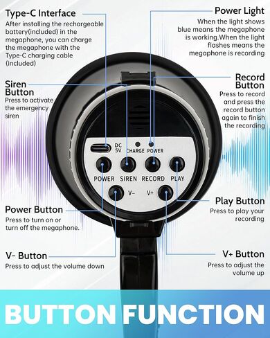 MyMealivos 20W Rechargeable Megaphone Speaker Built in 240s Recording & Siren, Up to 300ft Voice Range/650ft Siren Coverage-5.4"×8.6" Portable Bullhorn with Wrist Strap and Type-C Charging(Black) in Kuwait