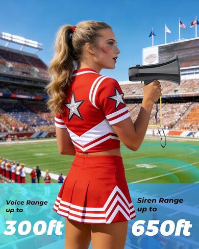 MyMealivos 20W Rechargeable Megaphone Speaker Built in 240s Recording & Siren, Up to 300ft Voice Range/650ft Siren Coverage-5.4"×8.6" Portable Bullhorn with Wrist Strap and Type-C Charging(Black) in Kuwait