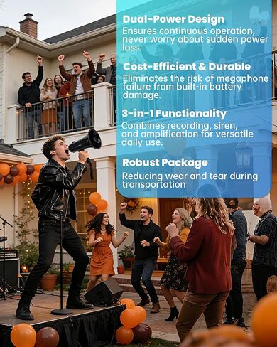 MyMealivos 20W Rechargeable Megaphone Speaker Built in 240s Recording & Siren, Up to 300ft Voice Range/650ft Siren Coverage-5.4"×8.6" Portable Bullhorn with Wrist Strap and Type-C Charging(Black) in Kuwait