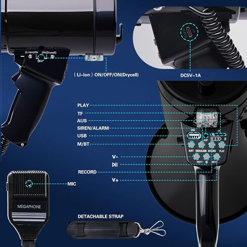 مكبر صوت مكبر صوت بولهورن قابل لإعادة الشحن بقدرة 50 واط مع صفارة إنذار وتسجيل 260 ثانية، يدعم BT، TF، مدخل AUX وشاشة عرض الطاقة، يأتي مع حزام وكابل من النوع C، للشرطة والإنقاذ (أسود) in Kuwait