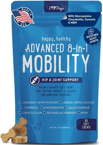 iHeartDogs Hip & Joint Supplement for Dogs - Advanced 8-in-1 Dog Joint Supplement Chews with Glucosamine, Chondroitin, Turmeric, Devil's Claw, Green Lipped Mussel, Hemp, Yucca, Boswellia & MSM - 90 Ct in Kuwait