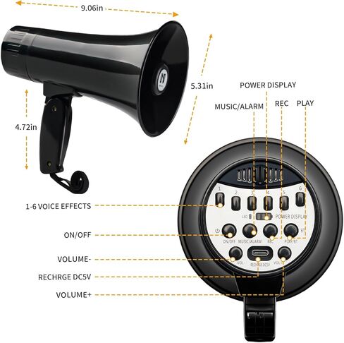 مكبر صوت مكبر صوت بولهورن بقدرة 20 وات، مكبر صوت بصوت عالٍ مع مغير صوت، صفارة إنذار وتسجيل مدمجة في هاتف ميجا، يدعم مدخل BT، لألعاب الحفلات والخارجية (أسود) in Kuwait
