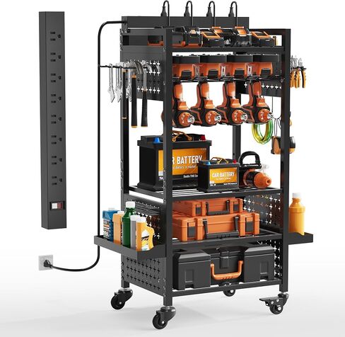 Power Tool Organizer Cart with Charging Station, Black Floor Standing Utility Storage Cart, Metal Rolling Tool Storage Rack on Wheels for Warehouse and Family, A Gift Ideas for Men, Dad in Saudi Arabia