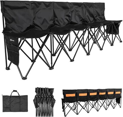 VEVOR Portable Folding Bench, 6 Seat Soccer Bench with Multiple Storage Pockets & Carrying Bag, Lightweight Sideline Seating with Back Rest for Football, Baseball, Camping, Outdoor Events, Black in Saudi Arabia